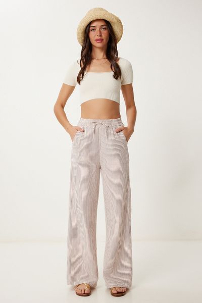 Lovelyİstanbul Striped Muslin Palazzo Trousers Bordo Bone Lsa0010