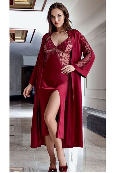 demirosa Burgundy Satin Lace Detailed Nightgown & Dressing Gown Set - 2 Pieces