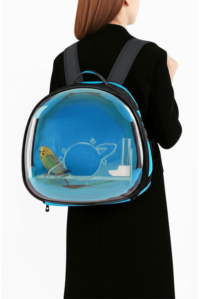 AlaPet Sırta Asılan Suluklu Kuş Taşıma Çantası (Sabit Tünekli) Her Kuş İçin Uygun DEV BOY! Mavi Renk