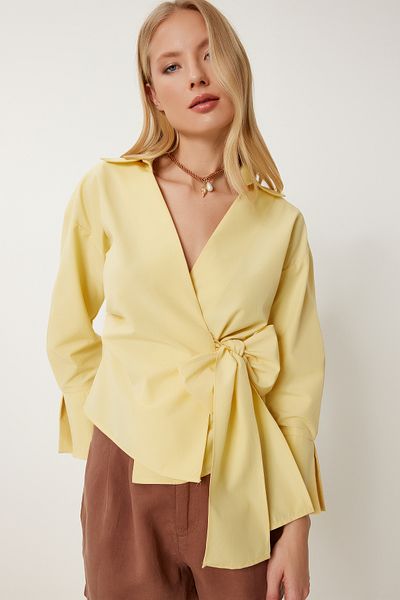 Lovelyİstanbul Shirt Collar Wrap Poplin Blouse Yellow Ldp0046
