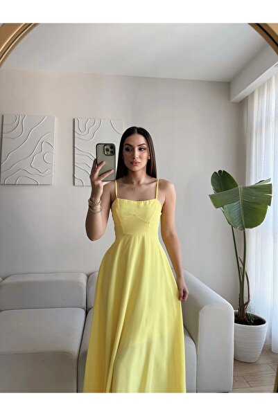 Zoom Butik İp Askılı Volanlı Prenses Elbise - SARI