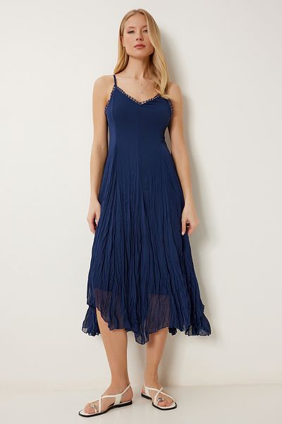 Lovelyİstanbul Rochie asimetrică din șifon cu detaliu guipur ALBASTRU ÎNCHIS LNS0031