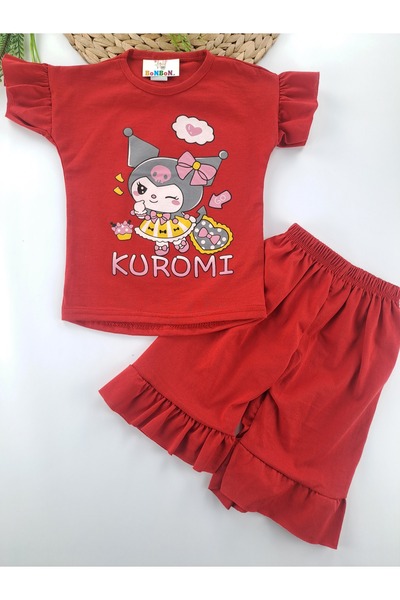 Butik Kız Çocuk Kuromi Baskılı Yazlık Şort Tişort İkili Takım