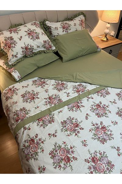 Zeren Home Floral Double Sided 100% Cotton Double Duvet Cover Set 6 Piece Set - Green