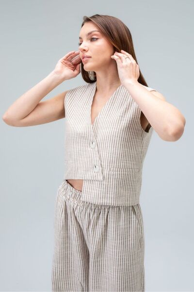 Tt Line Kadın Yelek Asimetrik Yelek Mavi Yelek kahve çigili yelek klasik yelek casual Keten trend yelek