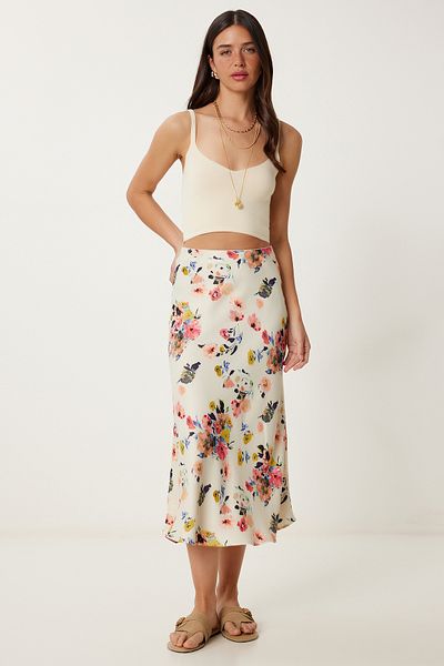 Lovelyİstanbul Fusta Midi din Satin cu Motiv BEI ORANGE LHC0008
