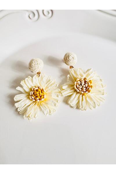 DEVİ fashion Wicker Beige Daisy Flower Earrings 6 cm