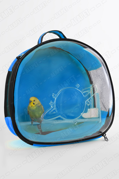 AlaPet Sırta Asılan Suluklu Kuş Taşıma Çantası (Sabit Tünekli) Her Kuş İçin Uygun DEV BOY! Mavi Renk