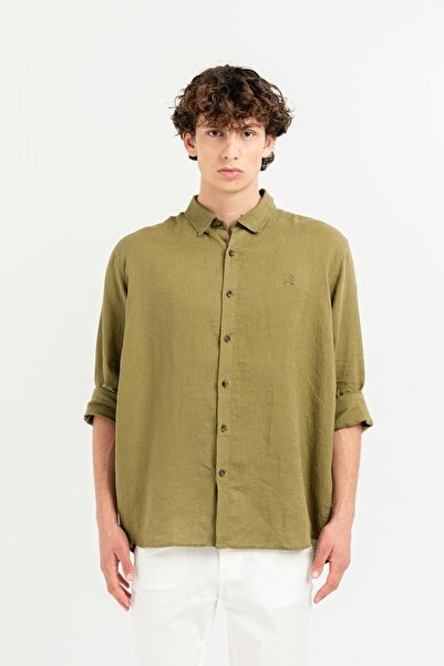 GMG FIRENZE Ανδρικό πουκάμισο από 100% λινό με κορδόνι στο κάτω μέρος, κανονι...