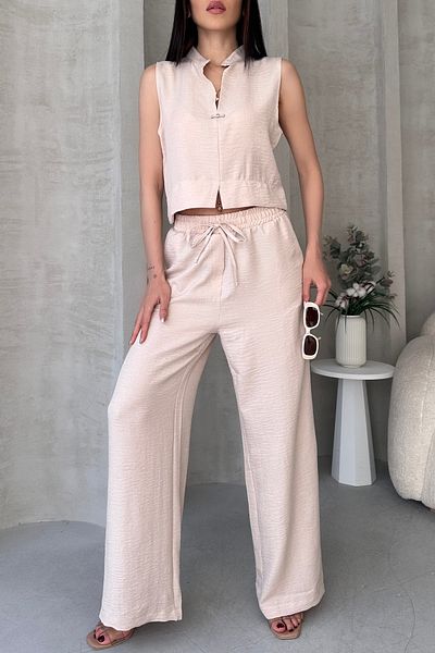 Fav Style Γυναικείο γιακά Judge Tank Top και φαρδιά παντελόνι με τσέπες στο κάτω μέρος Κρέμα