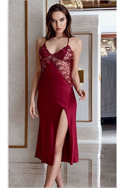 demirosa Burgundy Satin Lace Detailed Nightgown & Dressing Gown Set - 2 Pieces