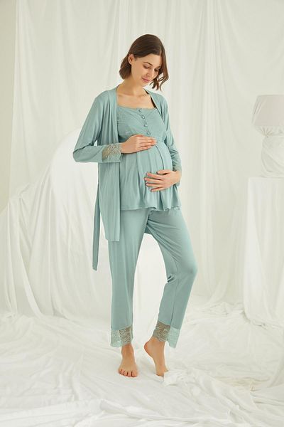 MONAMİSE Lace Front Buttoned Maternity 3-Piece Pajamas Set