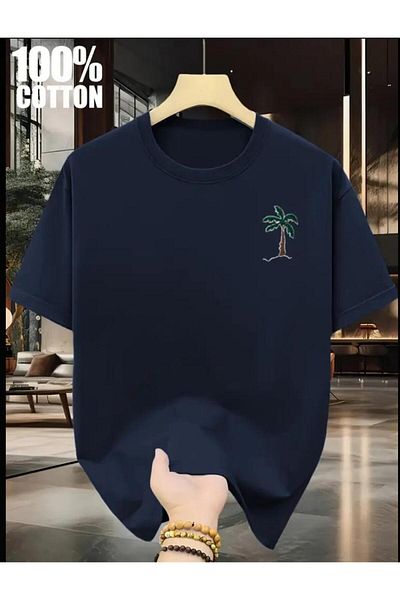 SELENA BUTİK Unisex Round Neck Palm Navy Blue Cotton T-Shirt