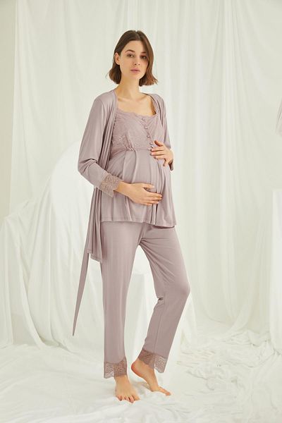 MONAMİSE Lace Front Buttoned Maternity 3-Piece Pajamas Set