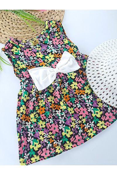 Butik Girl's Multicolored Bow Dress Hat Double Set