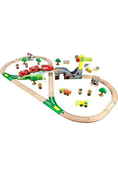 zola Wooden circuit set with electric train, 57 pieces: bridge, people, cars, trees, crane, 3.2 m track