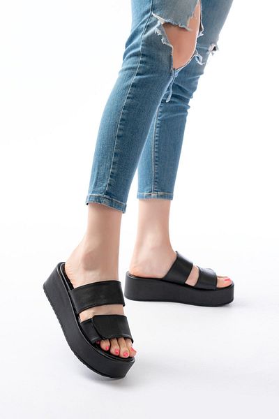 Moda Asmira 861-1034 Black Snap Fastener Wedge Heel Women's Slippers
