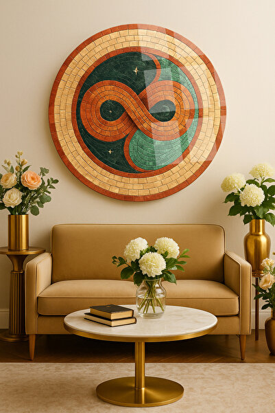 TAULART MOZAİK DESENLİ SONSUZLUK İŞARETİ MODERN YUVARLAK CAM TABLO EV HEDİYES...