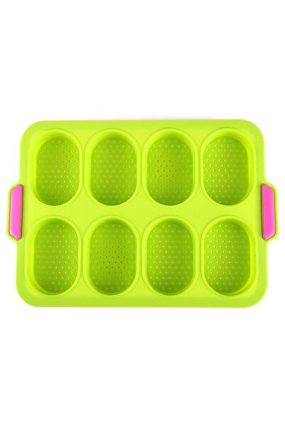 Flippy silicone baking molds, 8 oval cavities, for bread and cakes, 34.5 x 23.8 x 2.5 cm, Green/Pink