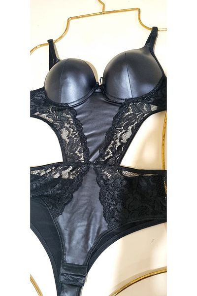 MAVEA Leather Bodysuit Transparent Lace Padded