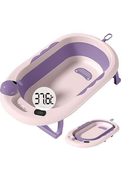 Flippy Cadă de baie, rabatabilă, termometru, pliabilă, pernă de susținere inclusă, violet