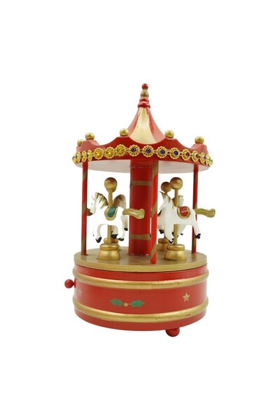 Flippy Christmas decorated music box, Rotating carousel, Red, Wooden, Indoor,