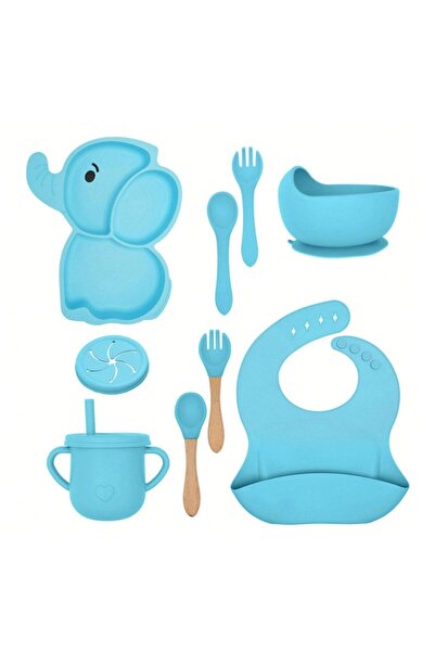 Flippy Set 10 Tacâmuri Bebe-Copii, Silicon/Lemn, Antialergic,Anti-Alunecare, Elefant, Albastru