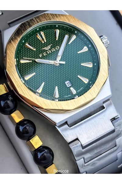 FERRO Erkek Kol Saat, Silver Yellow Color Steel Cord, with Calendar, in Stylish Box, Bracelet Gift