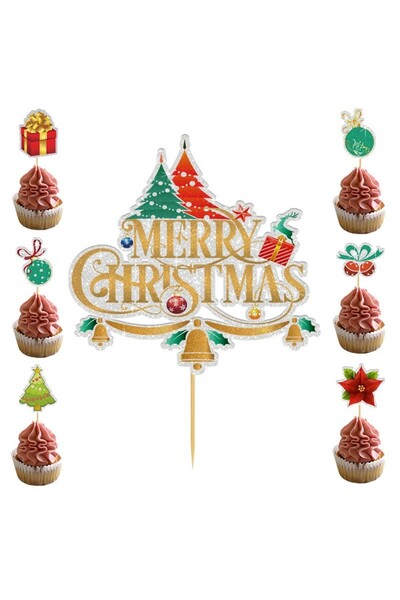 Flippy Set decoruri pentru tort și patiserie, temă de Crăciun, dimensiune mare „Crăciun fericit” 15,5x14,3 cm + 6 mici (5x)