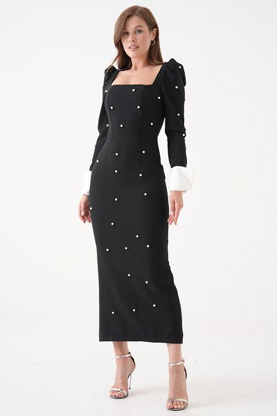 vuvutasarım Atlas Fabric Pearl Λεπτομερής τετράγωνος γιακάς μανίκια με μανσέτες Midi μήκους μαύρο φόρεμα επιστροφής στο σπίτι 365