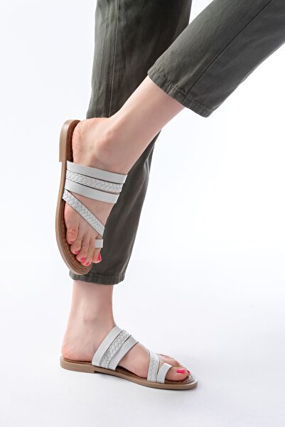 infon shoes creation 169-160 White Braided Orthopedic Sole Flip Flops Genuine Leather Women's Slippers