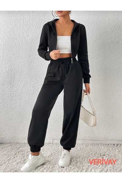 Verivay ( 2 ΤΕΜ ) Σετ Jogger Sweatpants μαύρο-Γκρι Λαστιχένιο πόδι Ψηλόμεσο Φούτερ