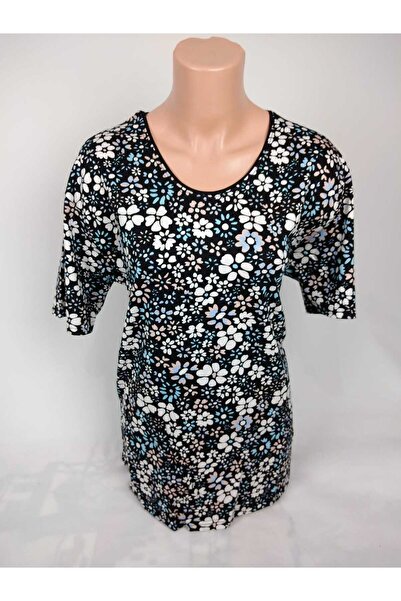 YAŞAR TRİKO Γυναικείο μπλουζάκι μαύρο μπλε με κοντό μανίκι με σχέδιο με σχισμή υφαντό βισκόζη Mother χτενισμένο μπλουζάκι