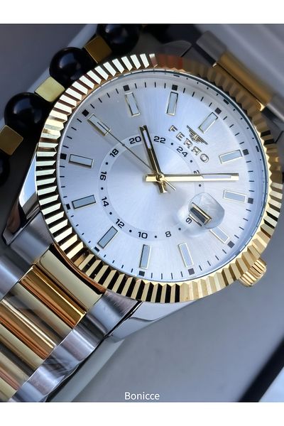 FERRO Men's Wrist Watch, Silver Yellow Color Steel Band, with Calendar, Bracelet Gift