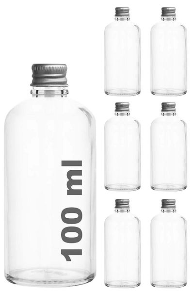 Tanemce 6Pcs Clear Glass Shot Bottle Leakproof Silver Metal Cap Cologne Fragrance Ornament Multipurpose Bottle 100ml