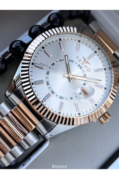 FERRO Men's Wrist Watch, Silver Rose Color Steel Band, with Calendar, Bracelet Gift