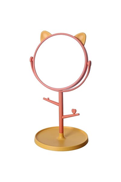 Flippy Oglindă cosmetică HD cu suport, rotație 360°, 15 cm, suport pentru bijuterii, urechi de urs, portocaliu/galben