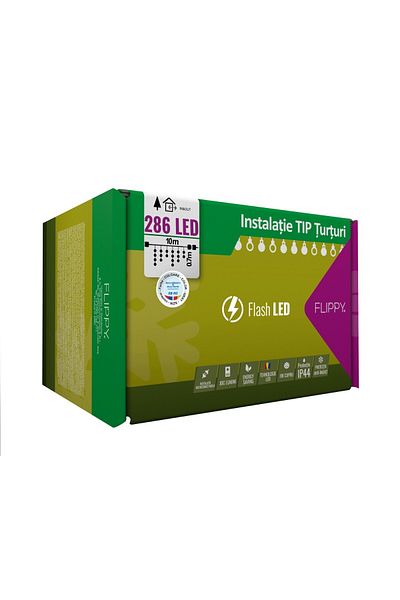 Teo Instalatie Craciun, 10 m, 286 Led-uri ,Franjuri, Rosu / Verde/ Albastru, Flash, Transformator cu tel