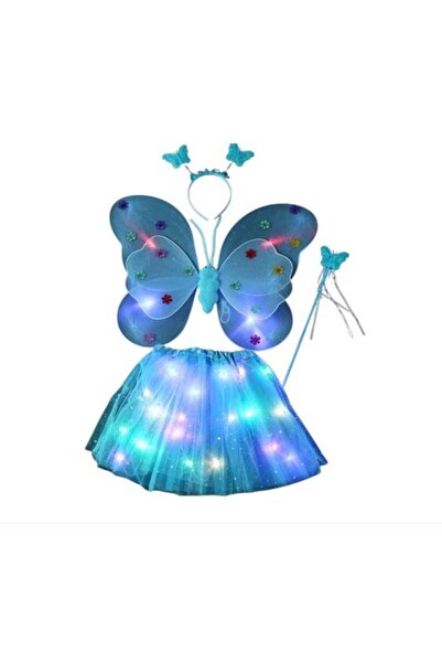 Flippy Costum de fluture cu aripi LED modelabile, fustă din tul luminos, baghetă și bentiță, albastru
