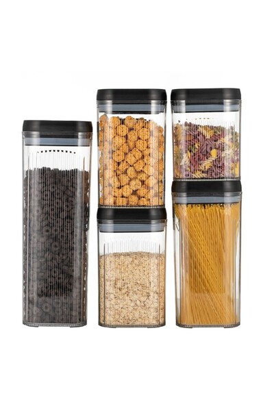 Flippy Food Storage Boxes, Flippy, Set of 5 Containers, Transparent with Black Lid