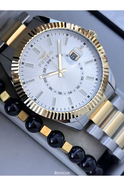 FERRO Men's Wrist Watch, Silver Yellow Color Steel Band, with Calendar, Bracelet Gift