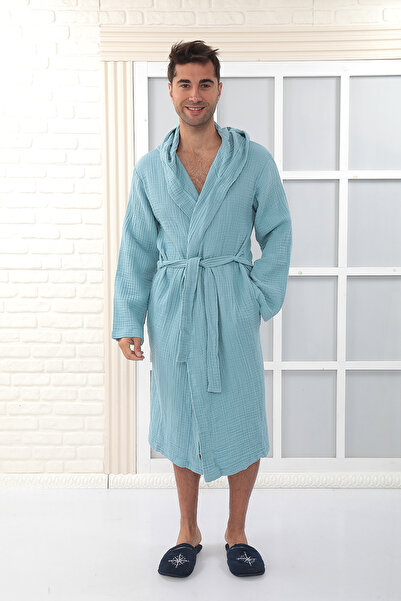 Almir Home رداء حمام بغطاء للرأس مكون من 4 طبقات من الموسلين للجنسين، لون بترولي