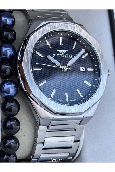 FERRO Erkek Kol Saat, Silver Navy Blue Color Steel Band, with Calendar, in Stylish Box, Bracelet Gift
