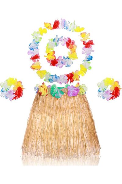 PRATİKOBA Adult Children's Hawaiian Party Set - 40 cm Natural Skirt + Floral Accessories (5 Pieces)