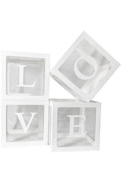 Flippy Set of 4 Balloon Boxes - "Love" Design, Love Theme, Decorative Plastic Cubes, 30 x 30 cm, Tra