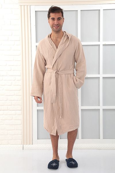 Almir Home Hooded 4 Layer Muslin Bathrobe Unisex Latte Color
