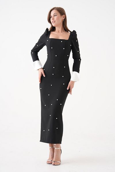 vuvutasarım Atlas Fabric Pearl Λεπτομερής τετράγωνος γιακάς μανίκια με μανσέτες Midi μήκους μαύρο φόρεμα επιστροφής στο σπίτι 365