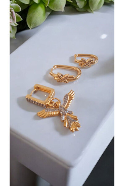 İNİTİUM Vip Stainless Steel 3Pcs Rose Gold Earrings with Angel Figure