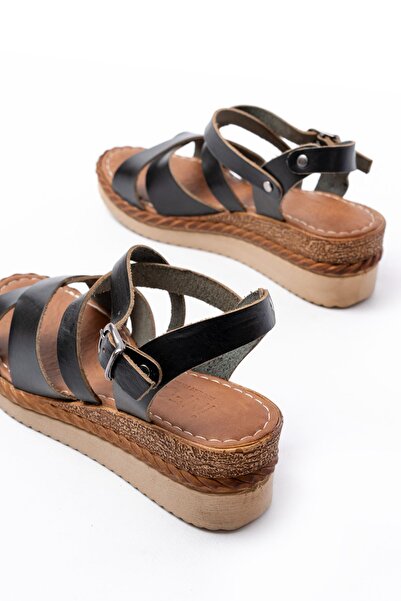 Budi Turega Style 731-045 Black Cross Genuine Leather Wedge Heeled Casual Wom...