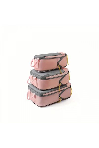 Flippy Set of 3 Flippy Travel Bags, Compressible Storage, Small/Medium/Large, Waterproof, Double Zipper, Pink